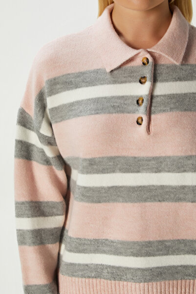 Ritnice Kadın Otto Yumuşak Dokulu Pola Yaka Pudra Gri Çizgili Kazak