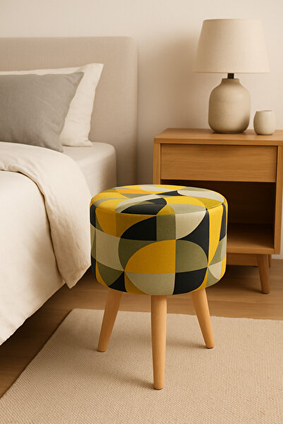 Lunova Home Modern Dekoratif Ahşap Masif Ayaklı Desenli Kadife Puf Bench Tabure Koltuk