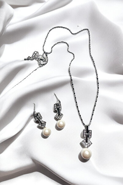 PETEK AKSESUAR İNCİLİ TAŞLI BRİDE KOLYE KÜPE SET