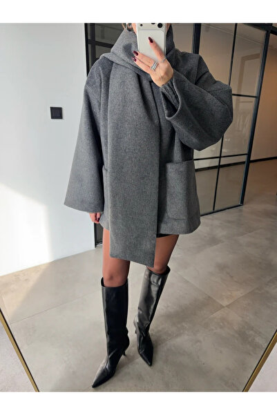 My Blog Anthrazitfarbener Mantel mit Schaldetail - 7600