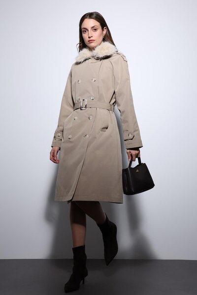 Antioch Beige Faux Fur Collar Women's Trench Coat