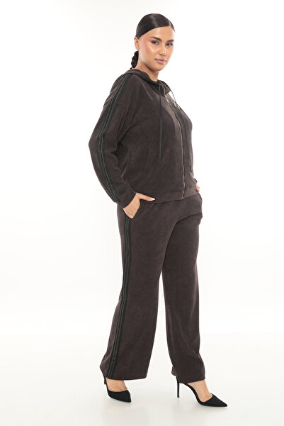 EXİTLİNE Women's Winter Zippered Hooded Custom Embroidered Comfortable Velvet Brown Tracksuit Set