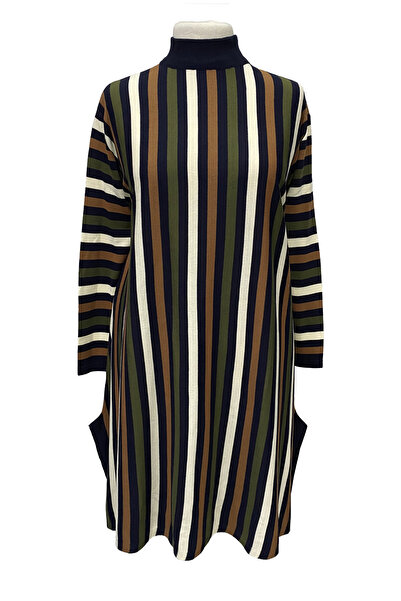 Giyinen Mağazaları Navy Blue Sare Round Neck Striped Asymmetrical Cut Knitwear Standard Tunic