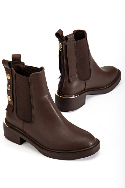 RİSSOLİ Γυναικείες μπότες με ελαστικό πλάι, με χρυσό διακοσμητικό καρφί και λεπτομέρεια τακουνιού, σε καφέ χρώμα