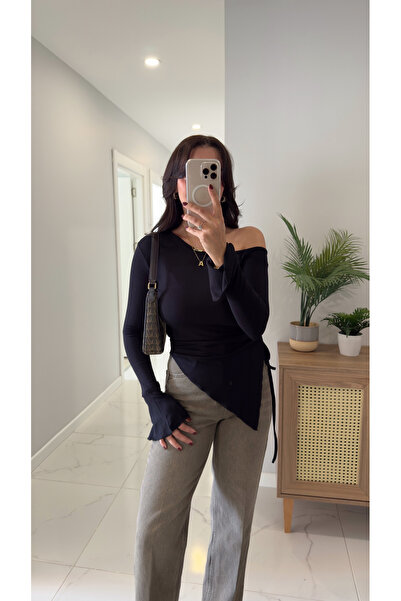 BİRCANÇİL بلوزة يوكي سوداء مكشوفة الكتفين