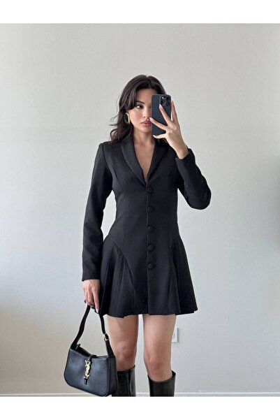 LOCH BUTİK Kadın Siyah Uzun Kollu Pileli Kaplama Düğmeli Ceket Elbise