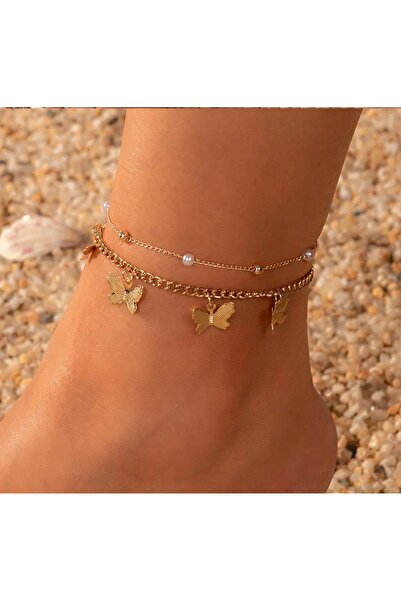 Shiklik Set of 2 Gold Color Pearl Chain Butterfly Model Women's Anklet Set