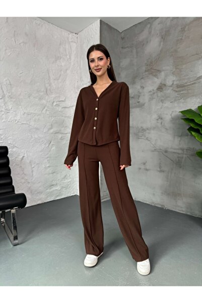 Elif Özbey Butik Kahve Gold Buttoned Cardigan Thessaloniki Set