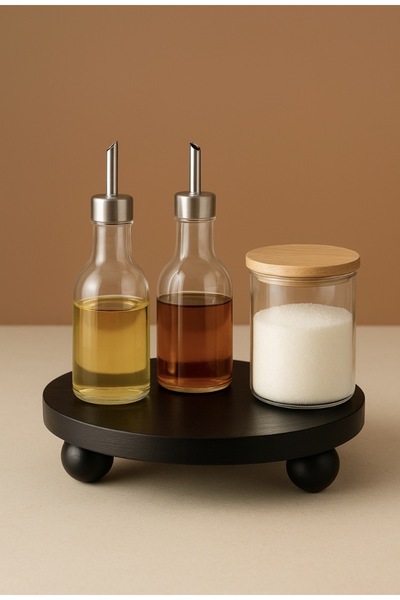 vakurahsap Siyah Ahşap Yuvarlak Sunum Standı | Dekoratif Ayaklı Servis ve Saklama Altlığı -22cm-