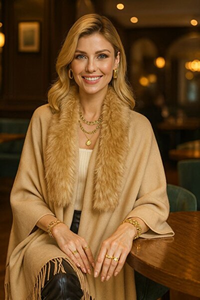 MARBERRY Bej Suni Kürklü Peluş Kadın Panço