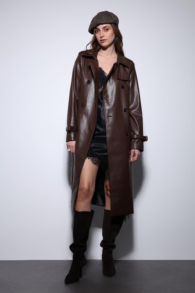 Antioch Brown Women's Faux Leather Belted Trench Coat