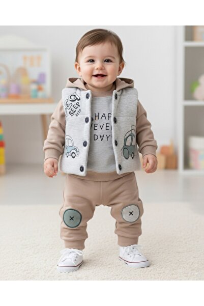 voyyo kids baby Erkek Bebek Elyaf Yelekli 3 Parça Şık Alt Üst Takım / 6-9-12-18 Ay Mevsimlik 3'lü Cool Takım