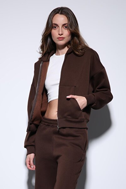 Antioch سترة نسائية بسحاب باللون البني بغطاء رأس