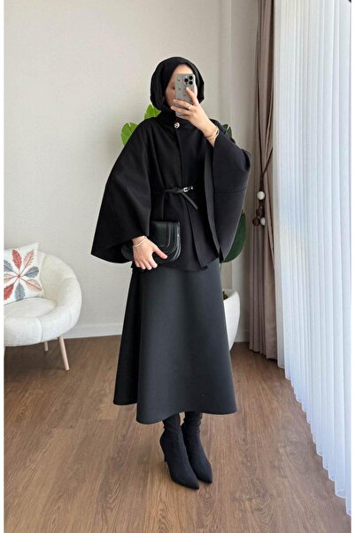 YS BUTİK PANCHO DETAILAT CU CENTURĂ centură neagră argintie