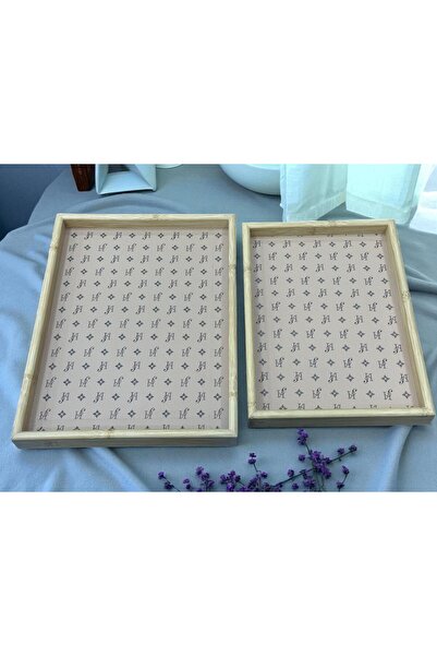 İnterlife 2-Piece Bamboo Tray Tea Tray Luxurious Patterned Serving Tray Decorative Presentation Tray