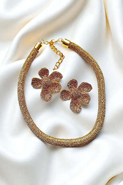 PETEK AKSESUAR TAŞLI PARLAK ÇİÇEK KOLYE KÜPE SET