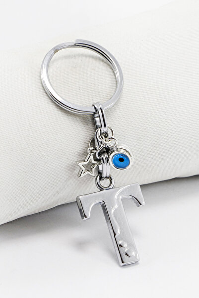 biuti Çerçeveli Nazarlı Yıldızlı Gümüş Renkli Metal T Harfi Anahtarlık / Hedi...