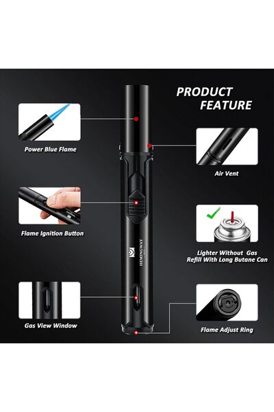 Hemingway Single Jet Torch Lighter (2-Pack) Windproof Refillable Gas (not included) Pen-Style for Cigars, BBQ