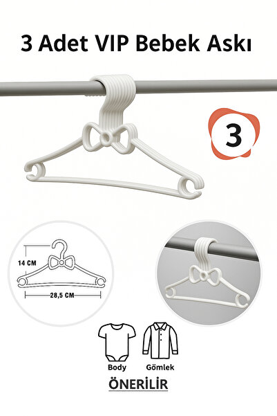 Vip Home Concept Umeraș pentru haine pentru bebeluși 3 bucăți cu fundă din plastic alb pentru îmbrăcăminte pentru bebeluși VIP