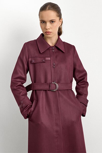 Olcay Shirt Collar Snap Fastener and Leather Detail Gabardine Suede Top Coat Bordo 6799