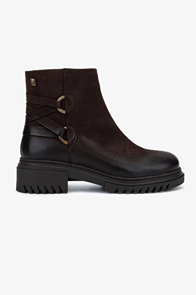 Valmenti Kadın Hakiki Deri Kahverengi Nubuk Düz Bot