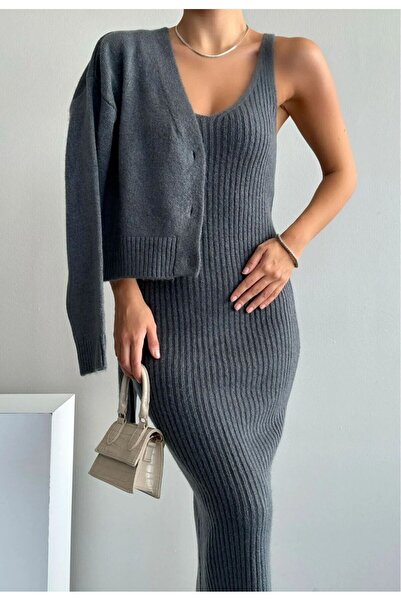 Sima Butik Women's Smoked Strap Dress Cardigan Double Knitwear Set