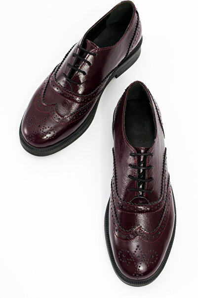 GRADA حذاء نسائي كلاسيكي من الجلد اللامع باللون العنابي، حذاء أكسفورد جلدي كا...