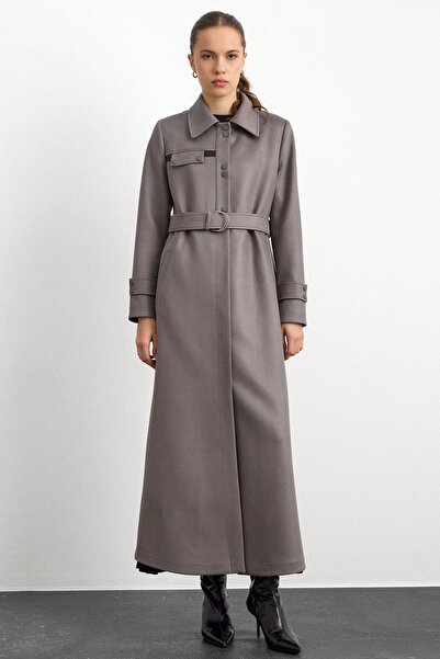 Olcay Gabardine-Wildledermantel mit Hemdkragen und Lederdetails GRAU 6799