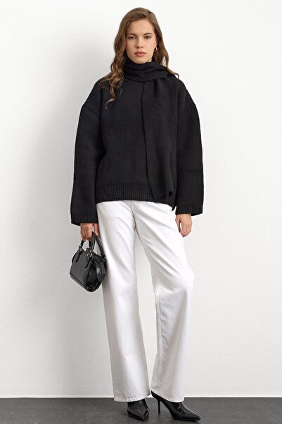 Olcay guler rotund Pulover gros și lejer negru 8280