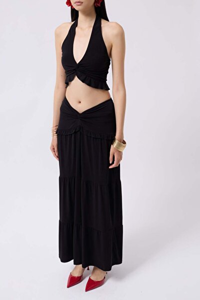 Maxi modena Gathered Detail Asymmetrical Waist Black Skirt - 40