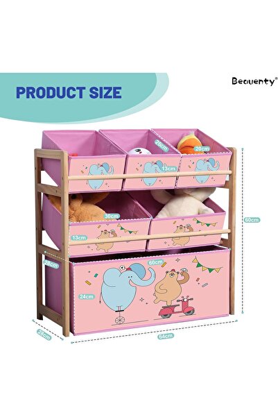 Saharaz 3-Layer Solid Wood Cartoon Toy Rack,Detachable Box With 6 Pattern Canvas Buckets,(Elephant)