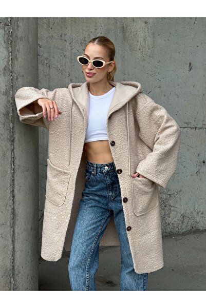 Tubik Kadın Kapüşonlu Düğme Kapamalı Uzun Buklet Kaban