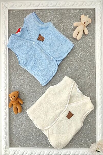 BEBENAZ welsoftlu ayıcık armalı çıtçıtlı erkek bebek 2'li peluş yelek (mavi-krem)