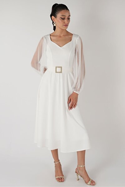 OLSAMODA Women's Heart Neckline Sleeveless Tulle Buckle Detail Flexible Fabric Midi-Length Flawless Wedding Invitation Dress