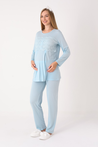 ERDENİZ TEKSTİL Hamile Lohusa Pijama ve Sabahlık Takımı / Düğmeli Gizli Emzirme / Dantel Detaylı Viskoz Gecelik