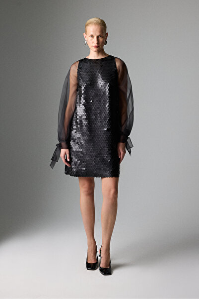 Roman Organze Balon Kollu Mini Elbise Siyah K2611508_001