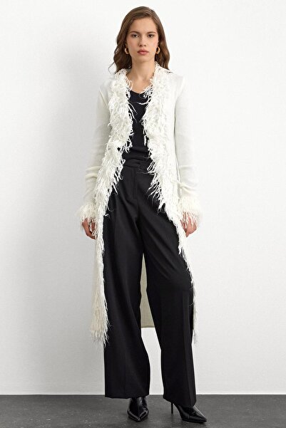 Olcay Tassel Detailed Long Knitwear Cardigan Ekru 8281