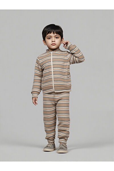 Mai Perla Unisex Children's Set Organic Cotton Ribbed Winter Cardigan Striped Two-Piece Set (1-5 Years)