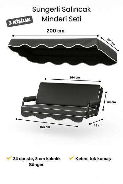 zishtekstil Keten Kumaş Süngerli Gölgelikli 3 Kişilik Salıncak Minderi 8 cm