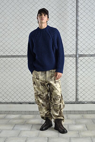 GIESTO Printed Thick Knitted Tricot Navy Blue Sweater