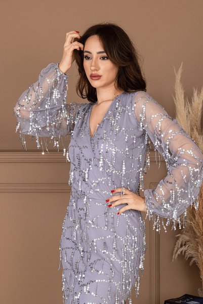 BEYBOS Rochie lungă Pul cu franjuri Design - GRI