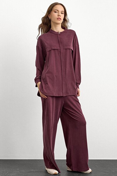 Olcay Crew Neck Premium Sweat Double Suit with Front Placket Bordo 9384-Tk