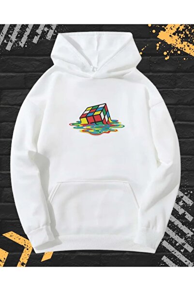 OEM - Hanorac unisex cu broderie, Cubul Rubik, bumbac, alb, XL INTL