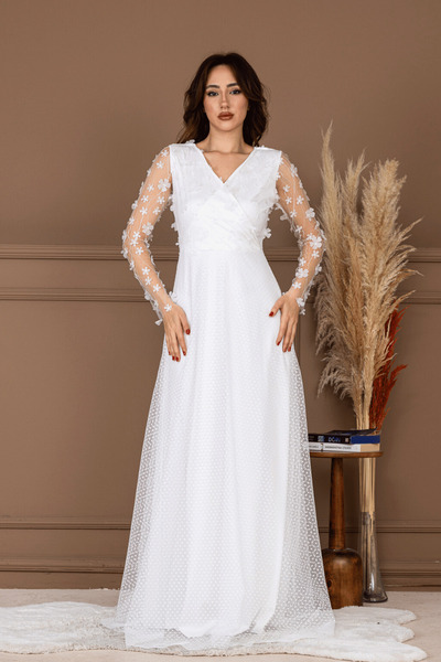 BEYBOS Τρισδιάστατο Φλοράλ Μακρύ Φόρεμα - ΛΕΥΚΟ