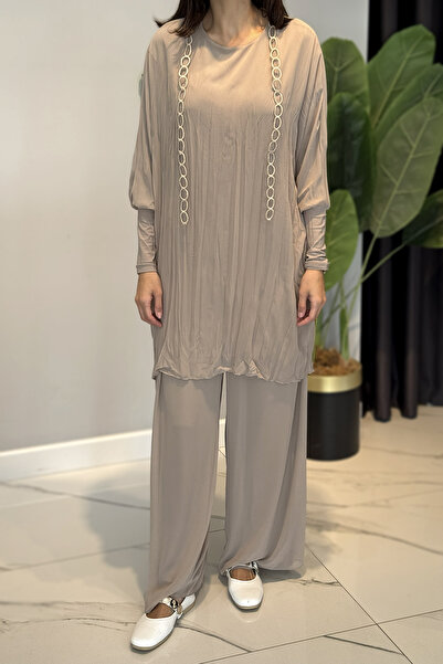 Ceremony Kolu Sandy Detailed Chain Ring Embroidered Classy Trouser Suit 5912 Beige