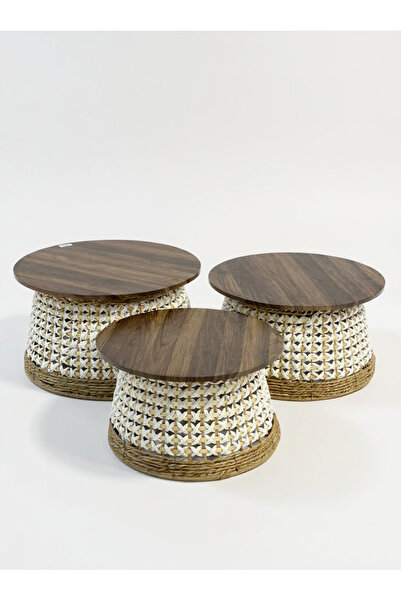 Living Set of 3 Round Wooden Tables with white Straw Base and Warm Brown Top