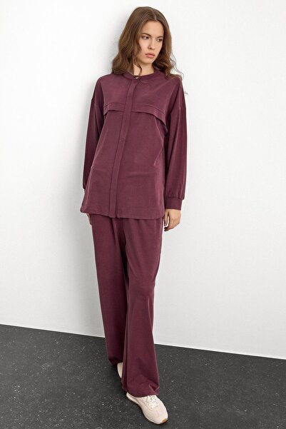 Olcay Crew Neck Premium Sweat Double Suit with Front Placket Bordo 9384-Tk