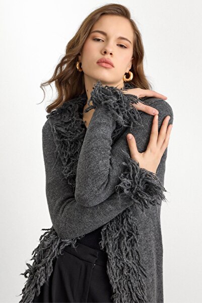 Olcay Tassel Detailed Long Knit Cardigan Anthracite 8281
