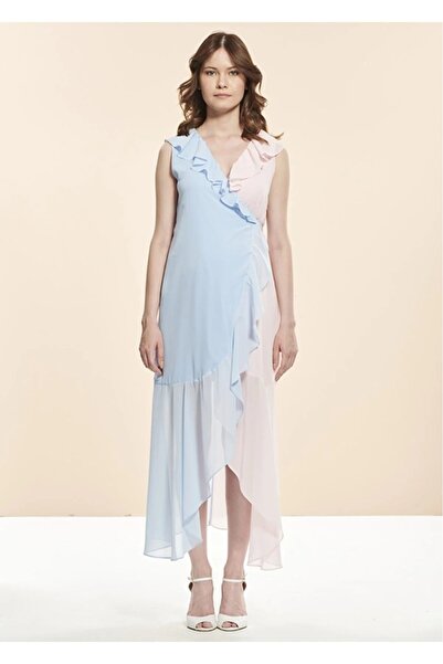 Genel Markalar Yakası Fırfırlı Uzun Hamile Cinsiyet Partisi Elbisesi