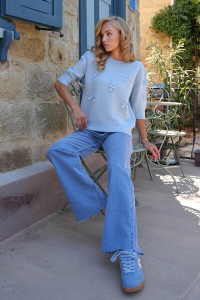 VAGGON Pulover tricotat cu fundă guler rotund albastru pentru femei Prmx14510